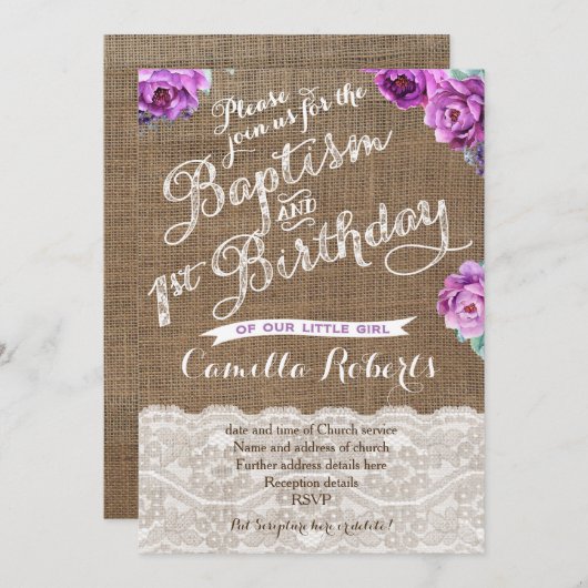 ラベンダーのバプテスマと最初の誕生日招待状 招待状 (正面/裏面)