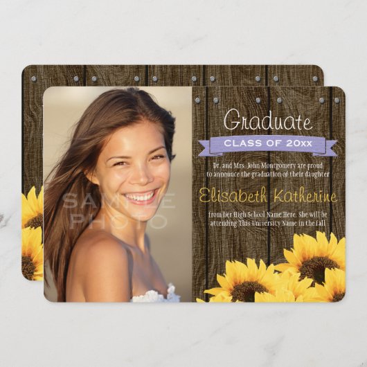 ラベンダーのヒマワリの卒業の発表 招待状 (正面/裏面)