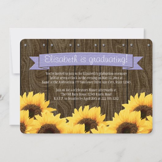 ラベンダーのヒマワリの卒業の発表 招待状 (裏面)