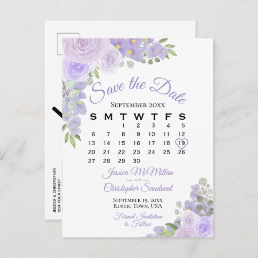 ラベンダーのフローラウェディング日付カレンダーを保存 案内ポストカード (正面/裏面)