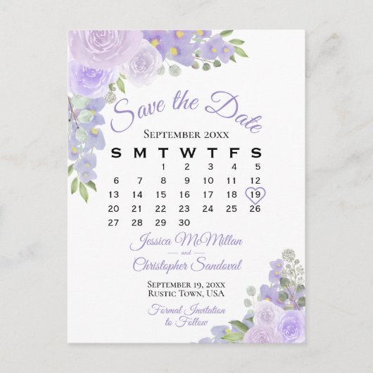 ラベンダーのフローラウェディング日付カレンダーを保存 案内ポストカード (正面)