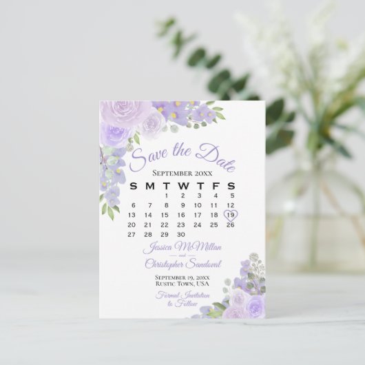 ラベンダーのフローラウェディング日付カレンダーを保存 案内ポストカード (スタンド正面)