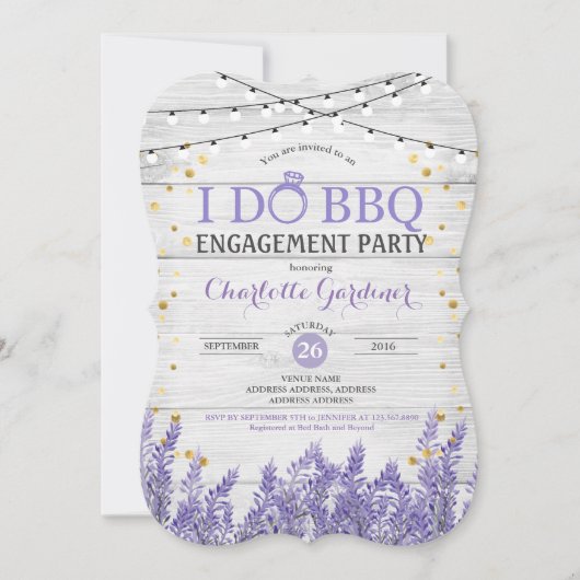 ラベンダーのブライダルシャワーの招待のホワイトゴールド 招待状 (正面)