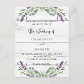 ラベンダーのユーカリの緑の白い結婚木材 インビテーションポストカード (正面)