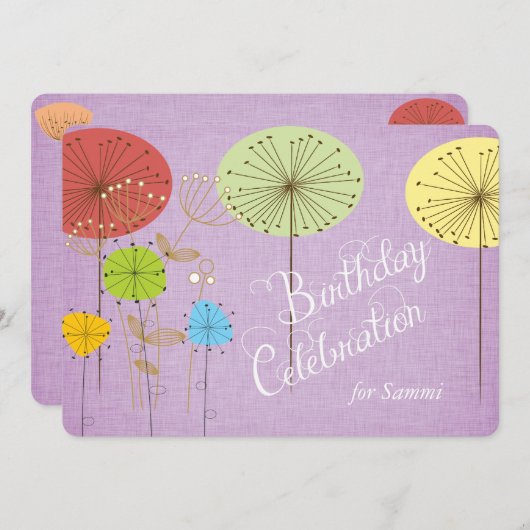 ラベンダーのリネン誕生日の招待のタンポポ 招待状 (正面/裏面)