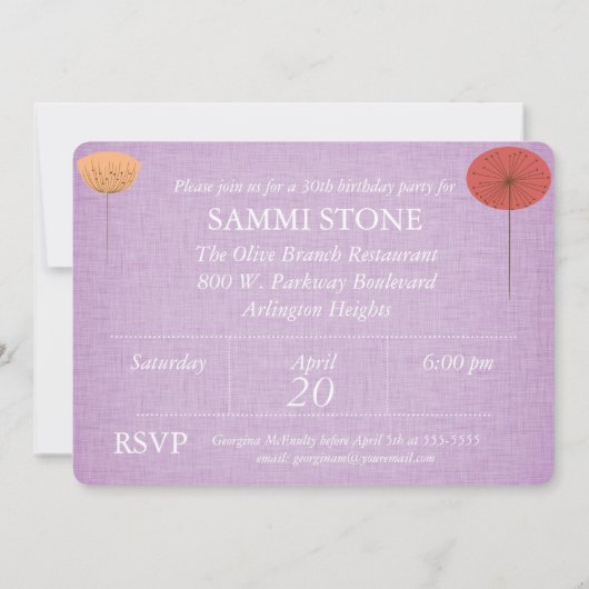 ラベンダーのリネン誕生日の招待のタンポポ 招待状 (裏面)