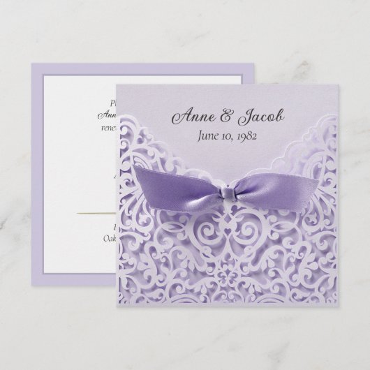 ラベンダーのリボンとレースの結婚誓約更新 招待状 (正面/裏面)