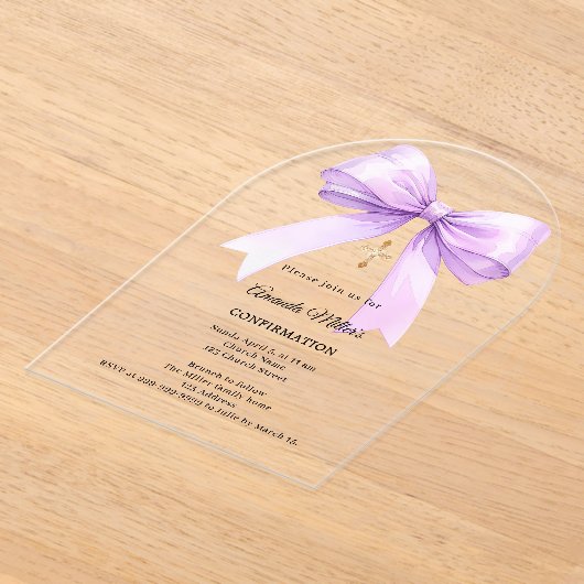 ラベンダーのリボン付きクリームガール 確認アーチ アクリル招待状 (レイダウン)
