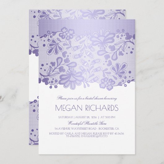 ラベンダーのレースのエレガントなヴィンテージの白のブライダルシャワー 招待状 (正面/裏面)