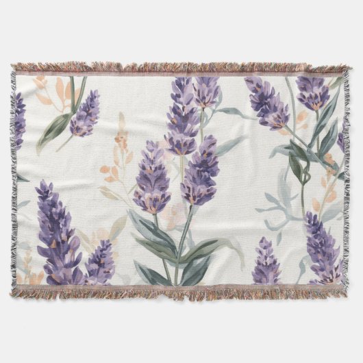 ラベンダーの小枝の水彩植物画　パープルの花 スローブランケット (正面)