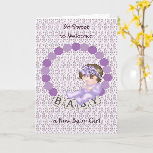 ラベンダーの新生児ガールおめでとうカード カード (黄色い花)