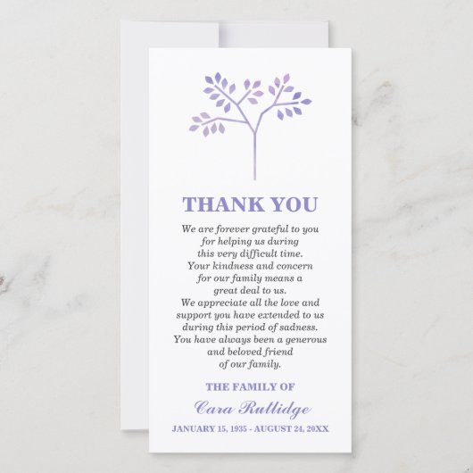 ラベンダーの木の告別式は感謝していしています サンキューカード (正面)