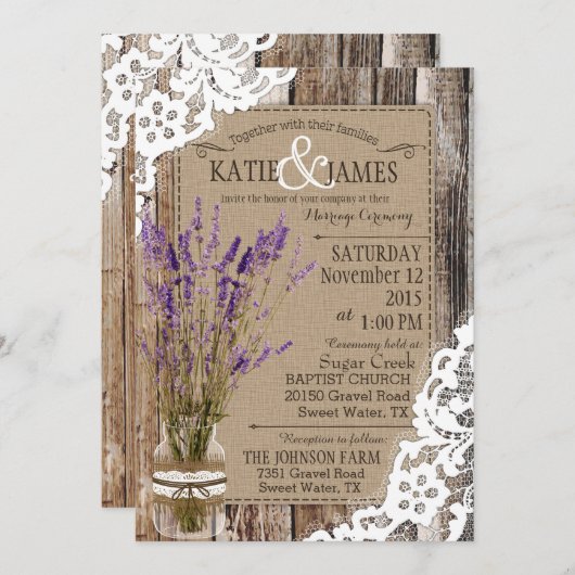 ラベンダーの木製のレースの素朴な結婚式 招待状 (正面/裏面)