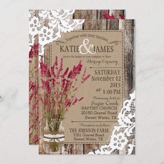 ラベンダーの木製のレースの素朴な結婚式 招待状 (正面/裏面)