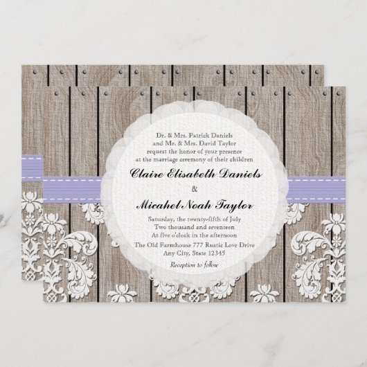 ラベンダーの木製のレースの結婚式招待状 招待状 (正面/裏面)