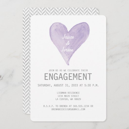 ラベンダーの水彩画のハートの婚約の招待状 招待状 (正面/裏面)