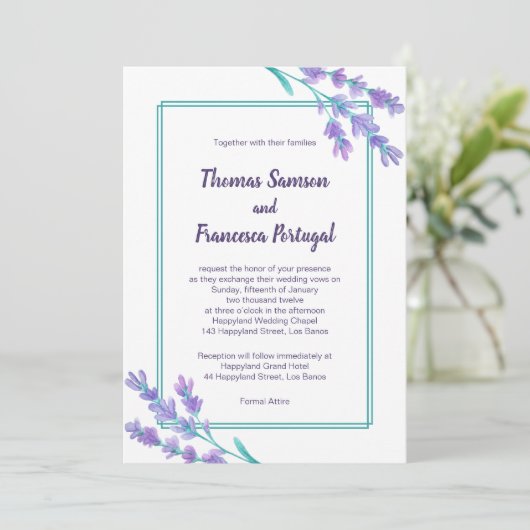 ラベンダーの水彩画の花柄の結婚式招待状 招待状 (スタンド正面)