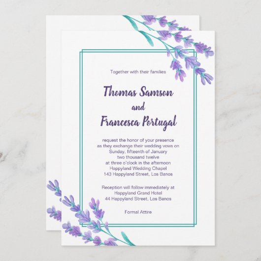 ラベンダーの水彩画の花柄の結婚式招待状 招待状 (正面/裏面)