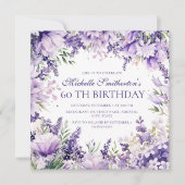 ラベンダーの水彩花柄 60歳の誕生日 招待状 (正面)