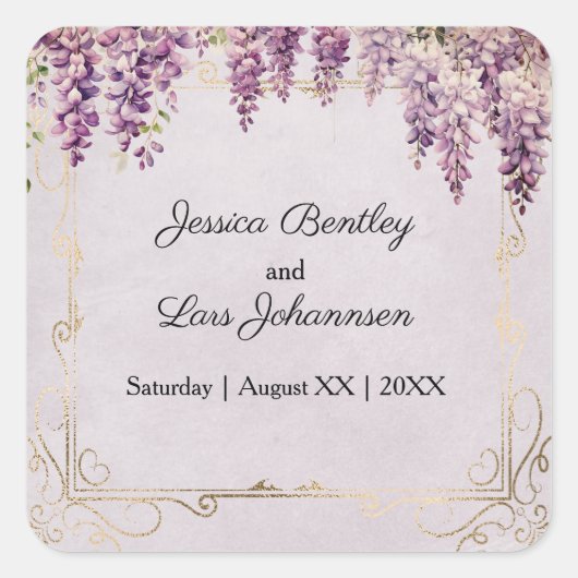 ラベンダーの水彩藤結婚材 スクエアシール (正面)