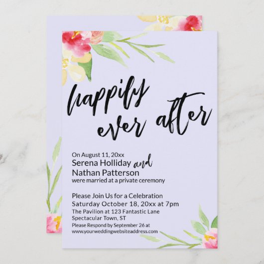 ラベンダーの水色の花々を楽しく 招待状 (正面/裏面)