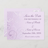 ラベンダーの渦巻き旋回が日付の結婚ポストカードを保存 案内ポストカード (正面/裏面)