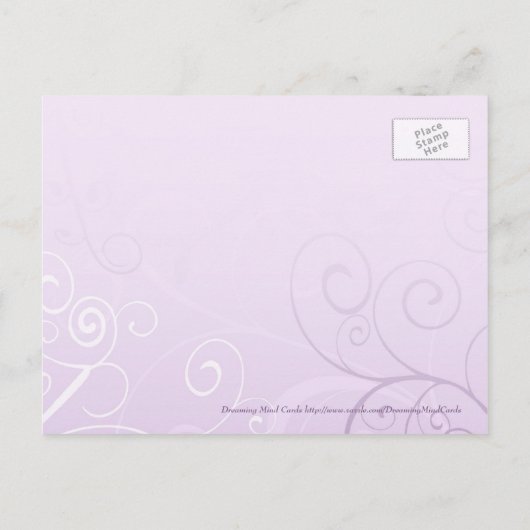 ラベンダーの渦巻き旋回が日付の結婚ポストカードを保存 案内ポストカード (裏面)
