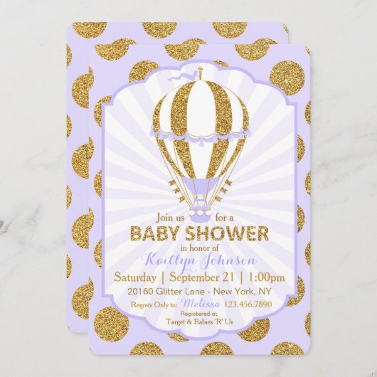 ラベンダーの熱気の気球のベビーシャワー 招待状 (正面/裏面)