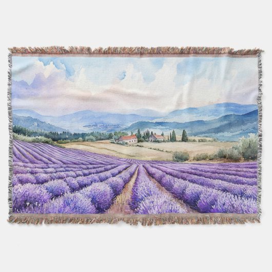 ラベンダーの畑の水彩画 スローブランケット (正面)