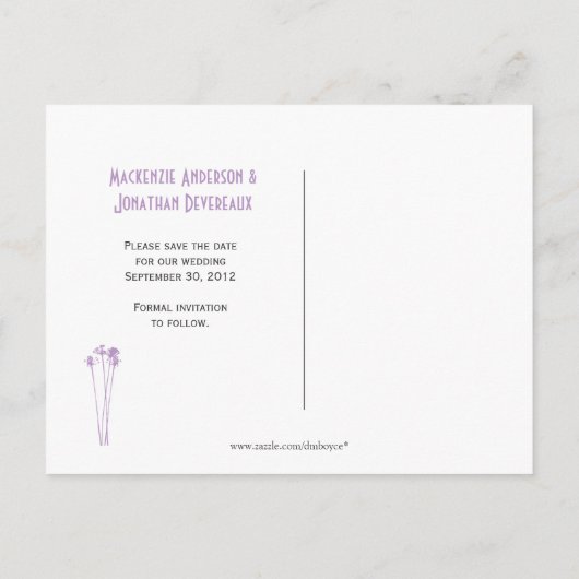 ラベンダーの白いメイソンの瓶ワイルドフラワーズ日付を保存 案内ポストカード (裏面)