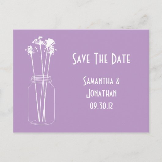 ラベンダーの白いメイソンの瓶ワイルドフラワーズ日付を保存 案内ポストカード (正面)