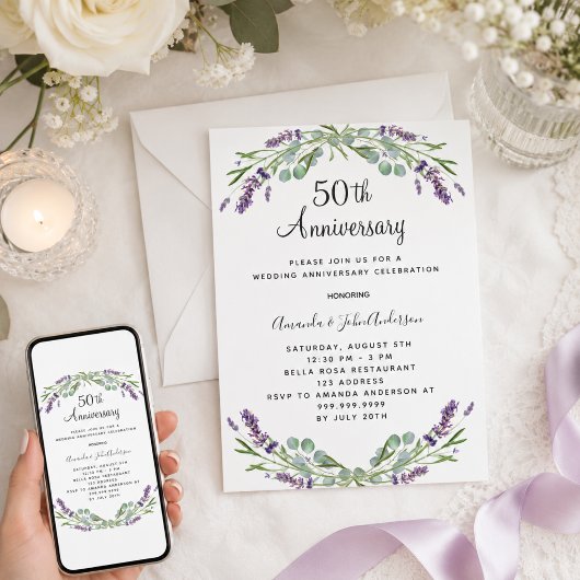 ラベンダーの紫の花の結婚50周年記念 招待状