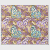 ラベンダーの紫色のティール(緑がかった色)および金ゴールドの蝶ギフト用包装紙 ラッピングペーパー (フラット)