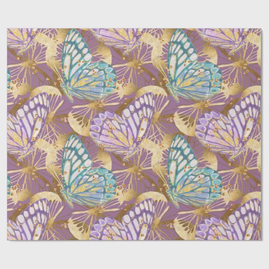ラベンダーの紫色のティール（緑がかった色）および金ゴールドの蝶ギフト用包装紙 ラッピングペーパー (フラット)
