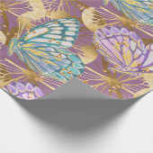 ラベンダーの紫色のティール(緑がかった色)および金ゴールドの蝶ギフト用包装紙 ラッピングペーパー (角)
