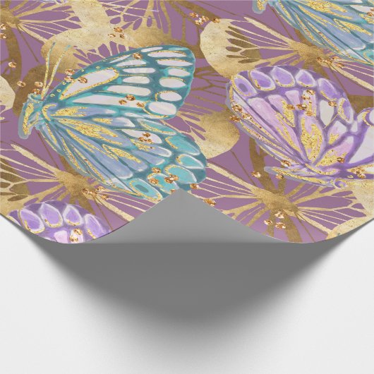ラベンダーの紫色のティール（緑がかった色）および金ゴールドの蝶ギフト用包装紙 ラッピングペーパー (角)