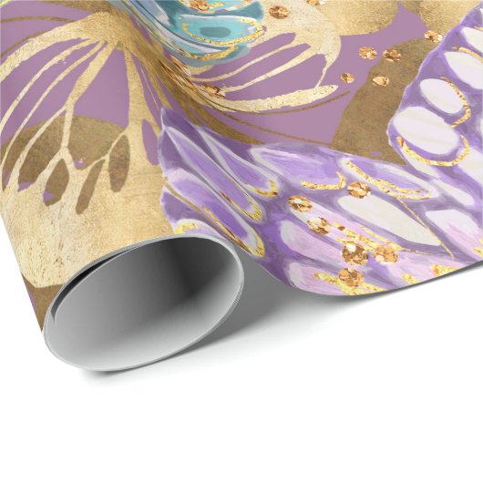 ラベンダーの紫色のティール（緑がかった色）および金ゴールドの蝶ギフト用包装紙 ラッピングペーパー (ロールコーナー)