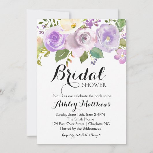 ラベンダーの紫色の花のブライダルシャワーの招待状 招待状 (正面)