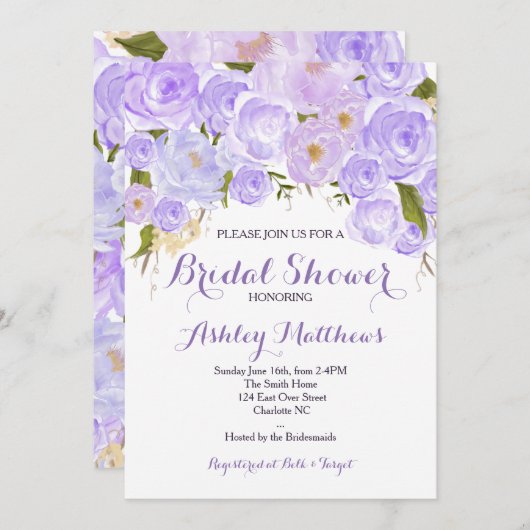 ラベンダーの紫色の花のベビーシャワーの招待状、ベビー 招待状 (正面/裏面)