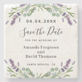 ラベンダーの緑のフローラ結婚式の日付を保存 ストーンコースター (正面)