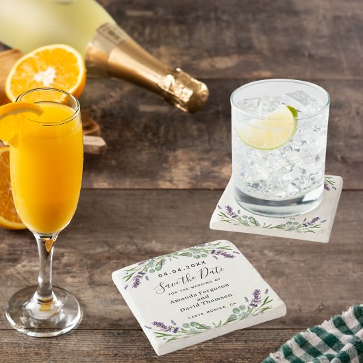 ラベンダーの緑のフローラ結婚式の日付を保存 ストーンコースター