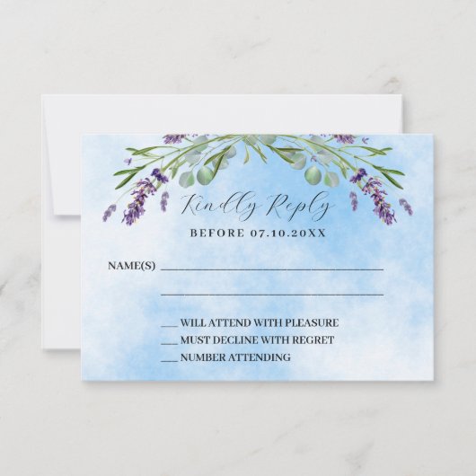 ラベンダーの緑のブルーウェディングRSVP応答 出欠カード (正面)