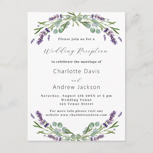 ラベンダーの緑の紫の結婚式のレセプション インビテーションポストカード (正面)