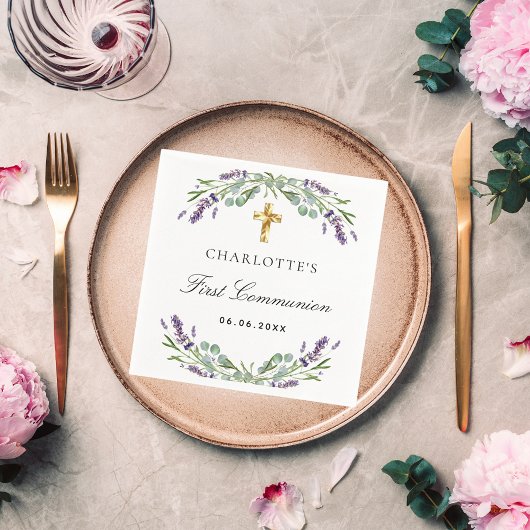 ラベンダーの緑の紫の花模様ファーストコミューン スタンダードカクテルナプキン