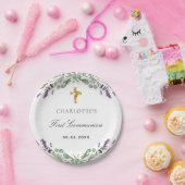 ラベンダーの緑の紫の花模様ファーストコミューン ペーパープレート (パーティー)