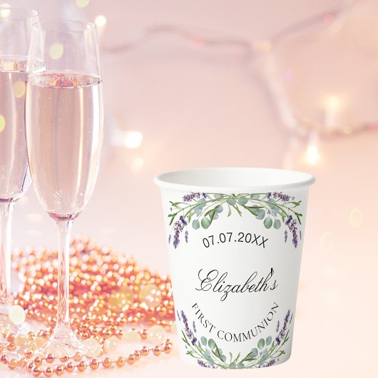 ラベンダーの緑の紫の花模様ファーストコミューン 紙コップ