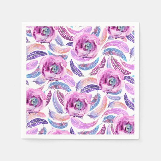 ラベンダーの羽と花 スタンダードカクテルナプキン (正面)