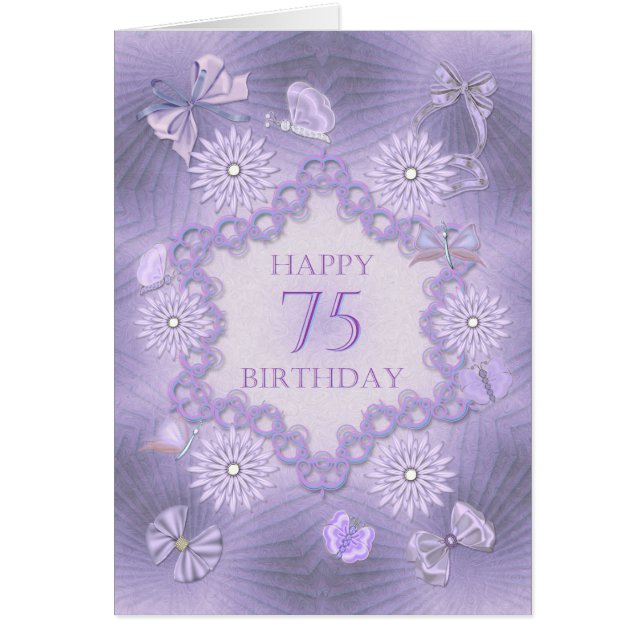 ラベンダーの花が付いた75th誕生日カード (正面)