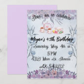 ラベンダーの花と湯飲みのお茶の誕生日 招待状 (正面/裏面)