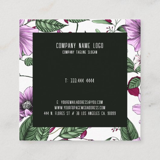 ラベンダーの花と緑の葉継ぎ目のパター スクエア名刺 (裏面)